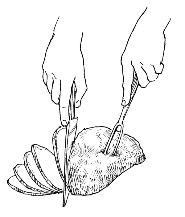 Place the halved breast on a cutting surface and slice evenly against the grain of the meat. Repeat with the second half of the breast when additional slices are needed.